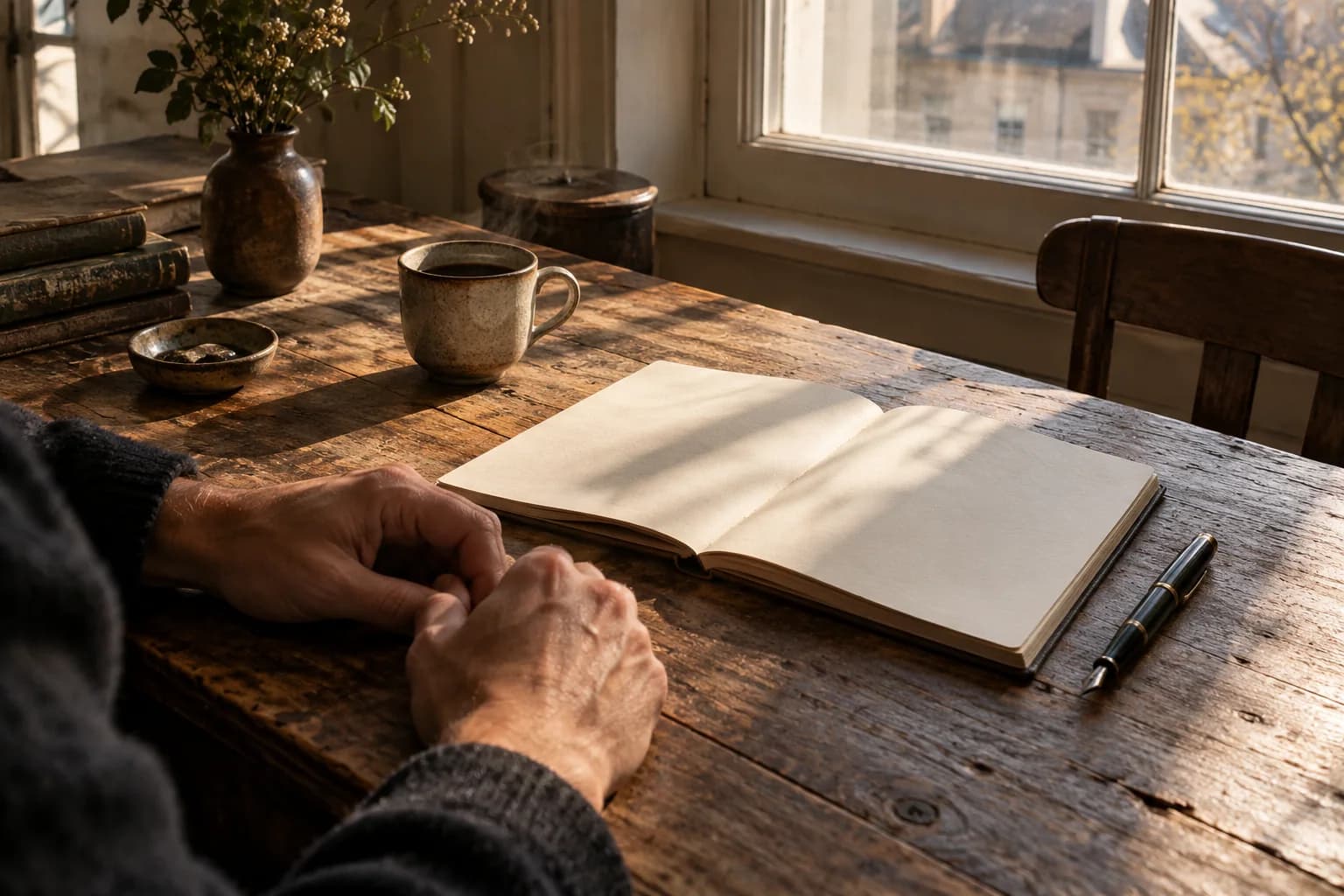 An open notebook and pen on a sunlit wooden table